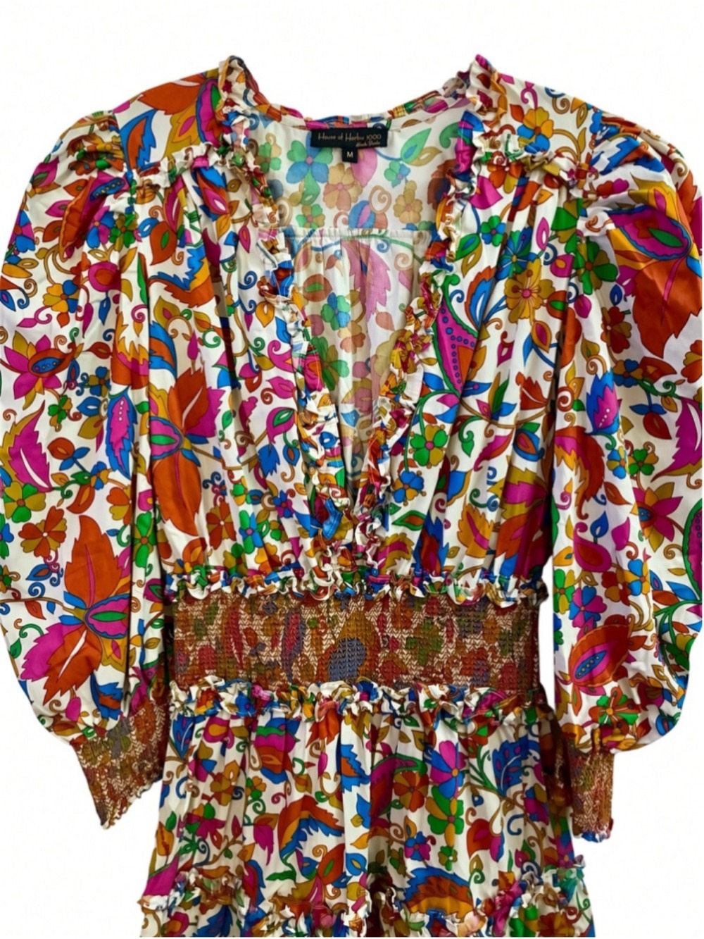 House of Harlow 1960 Nicole Richie Floral Puff Sleeve Smocked Mini Dress Medium - Picture 4 of 11